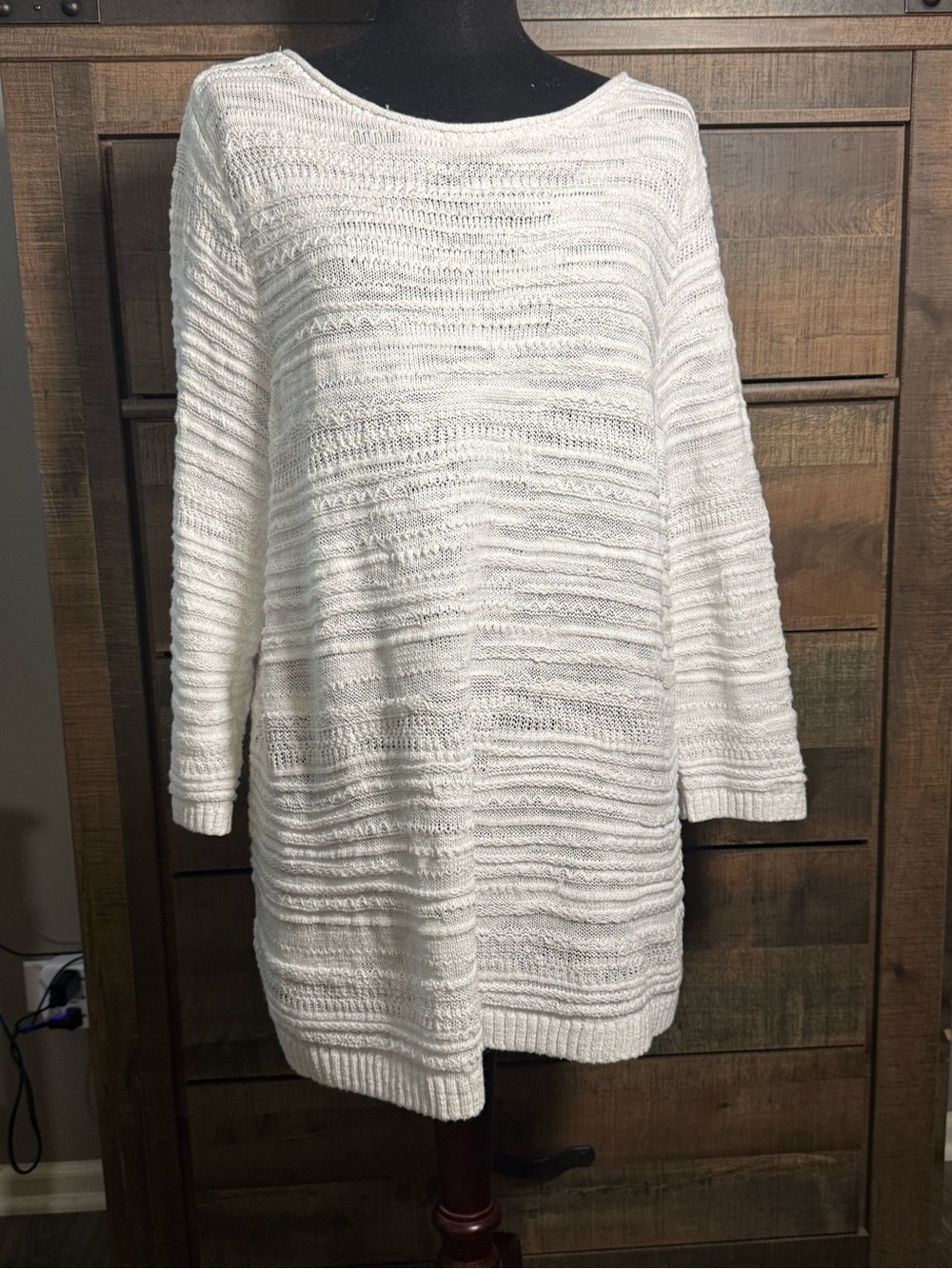 J. Jill White Textured Knit Tunic Sweater XL Cotton Blend Long Sleeve Lightweigh